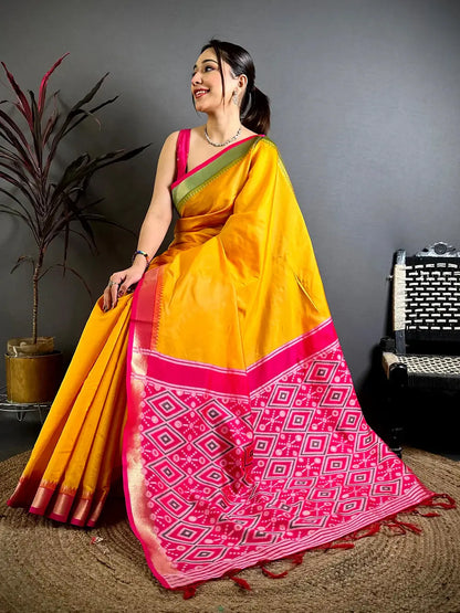 Yellow Ganga Jamuna Ikkat Katan Silk Pattu Saree