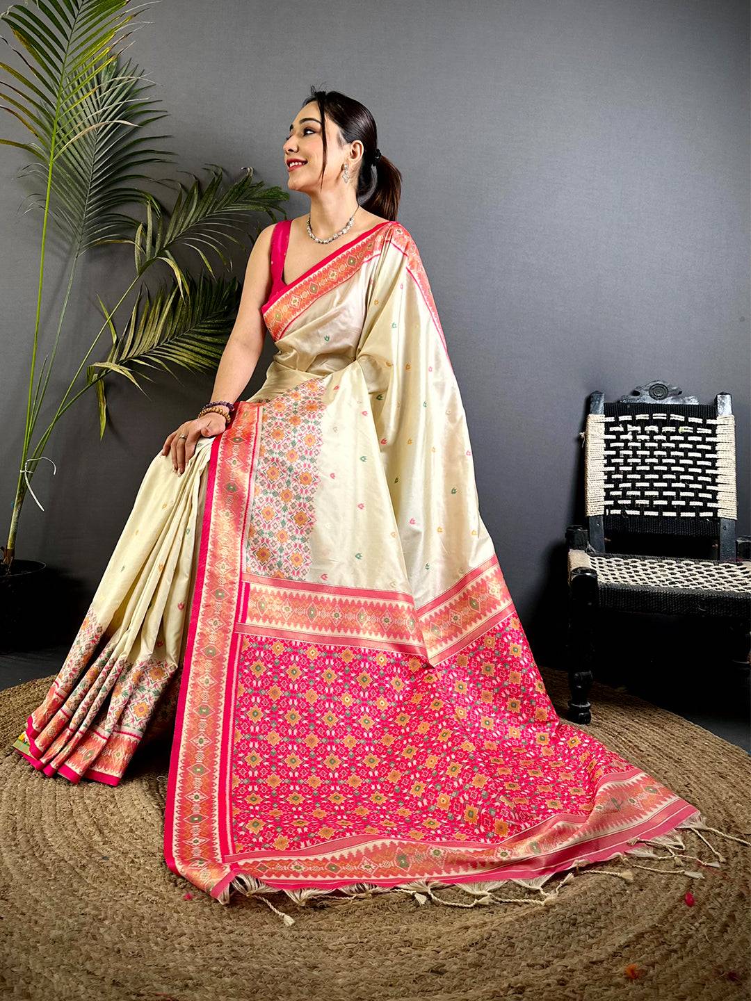 Cream Double Ikat Soft Silk Pattu Saree