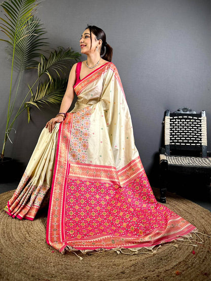 Cream Double Ikat Soft Silk Pattu Saree