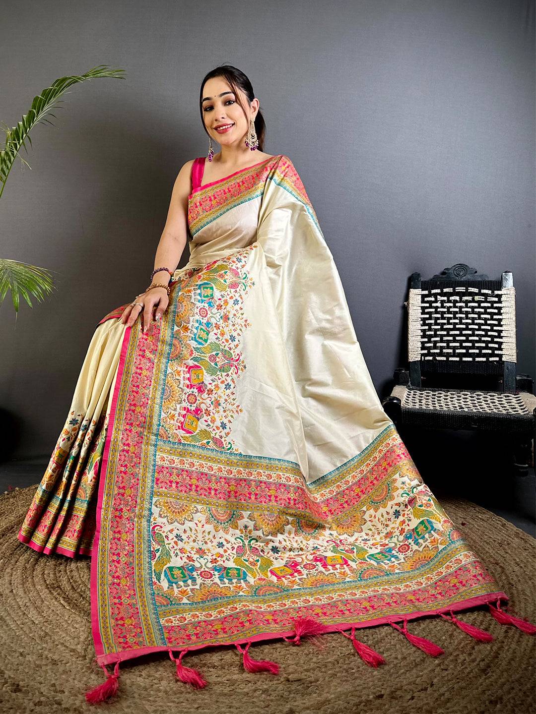 Cream Kashmiri Art Soft Silk Pattu Saree