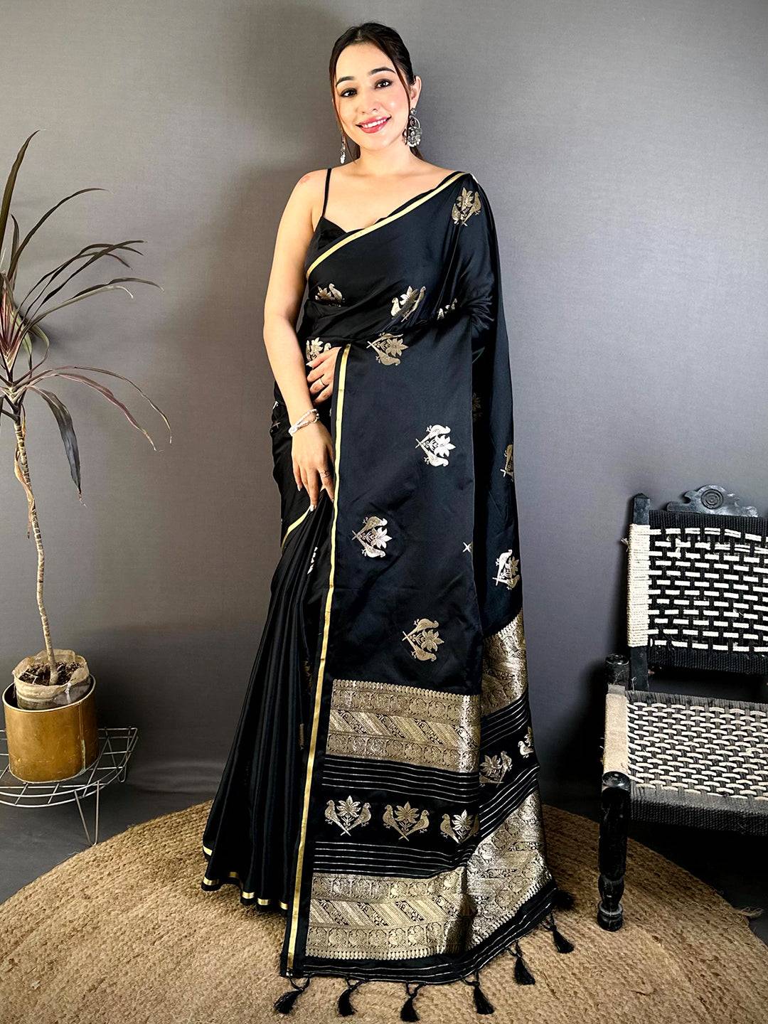 Black Bird Weaving Mashru Satin Pattu Saree