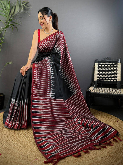 Black Soft Silk Ikkat Zari Weaving Pattu Saree
