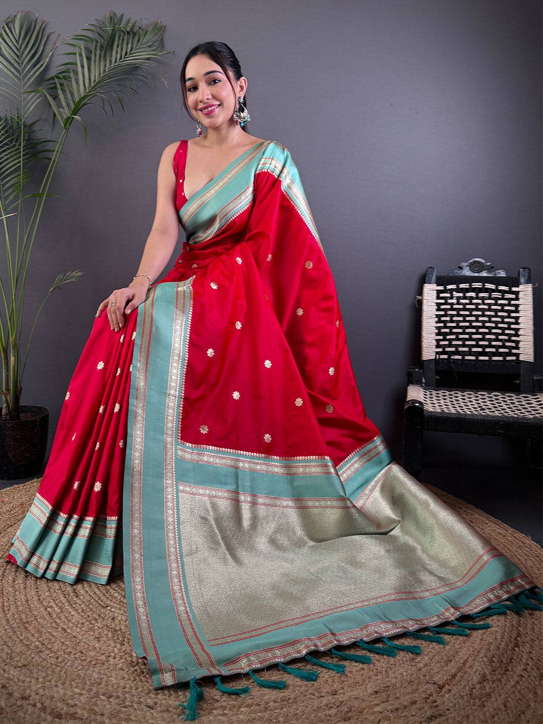 Royal Red Soft Silk Floral Butta Pattu Saree