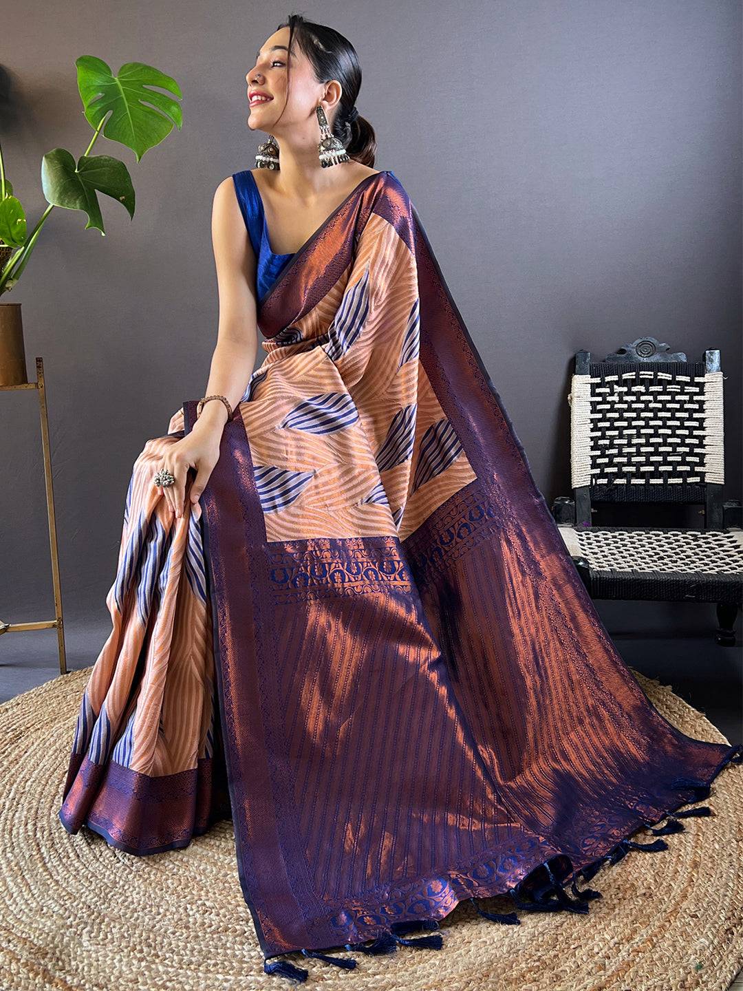Peach Tussar Silk Zari Weaving Ikkat Pattu Saree