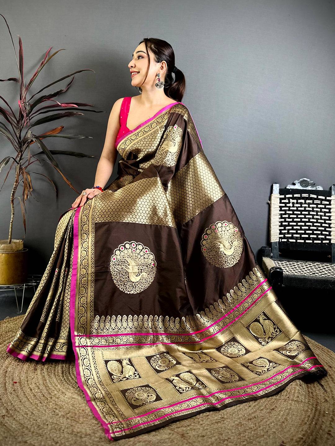 Royal Brown Katan Silk Zari Weave Pattu Saree