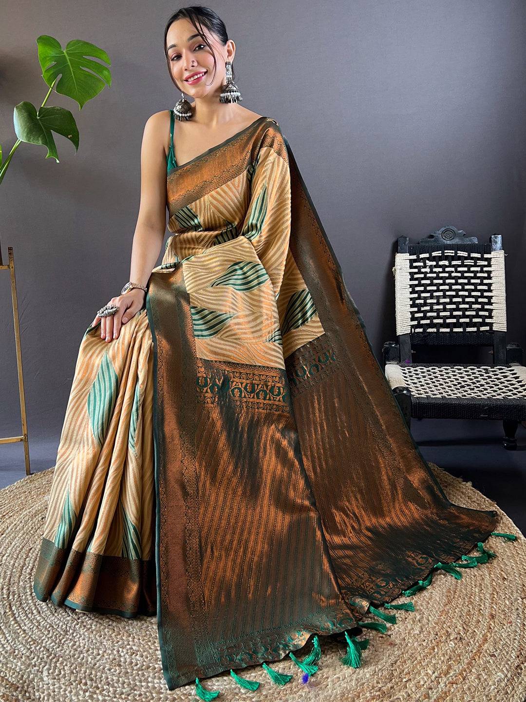 Brown Tussar Silk Zari Weaving Ikkat Pattu Saree