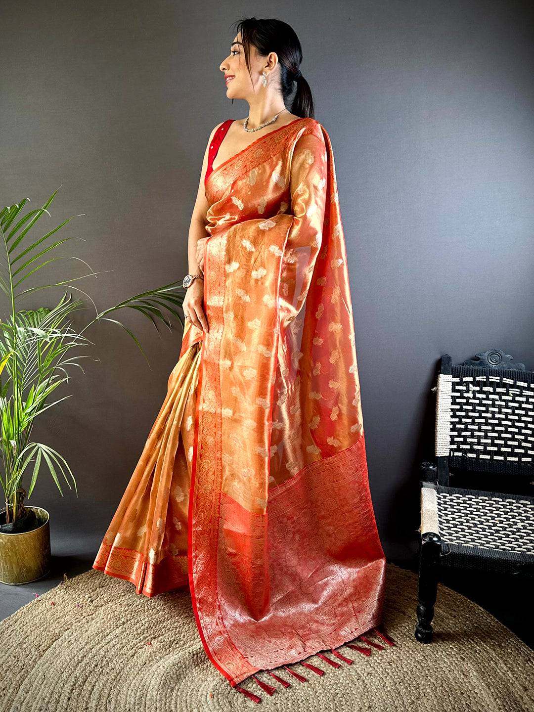 Vibrant Orange Kora Tissue Pattu Saree