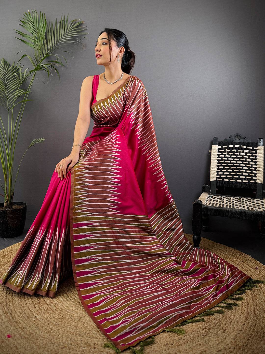 Peach Soft Silk Ikkat Zari Weaving Pattu Saree