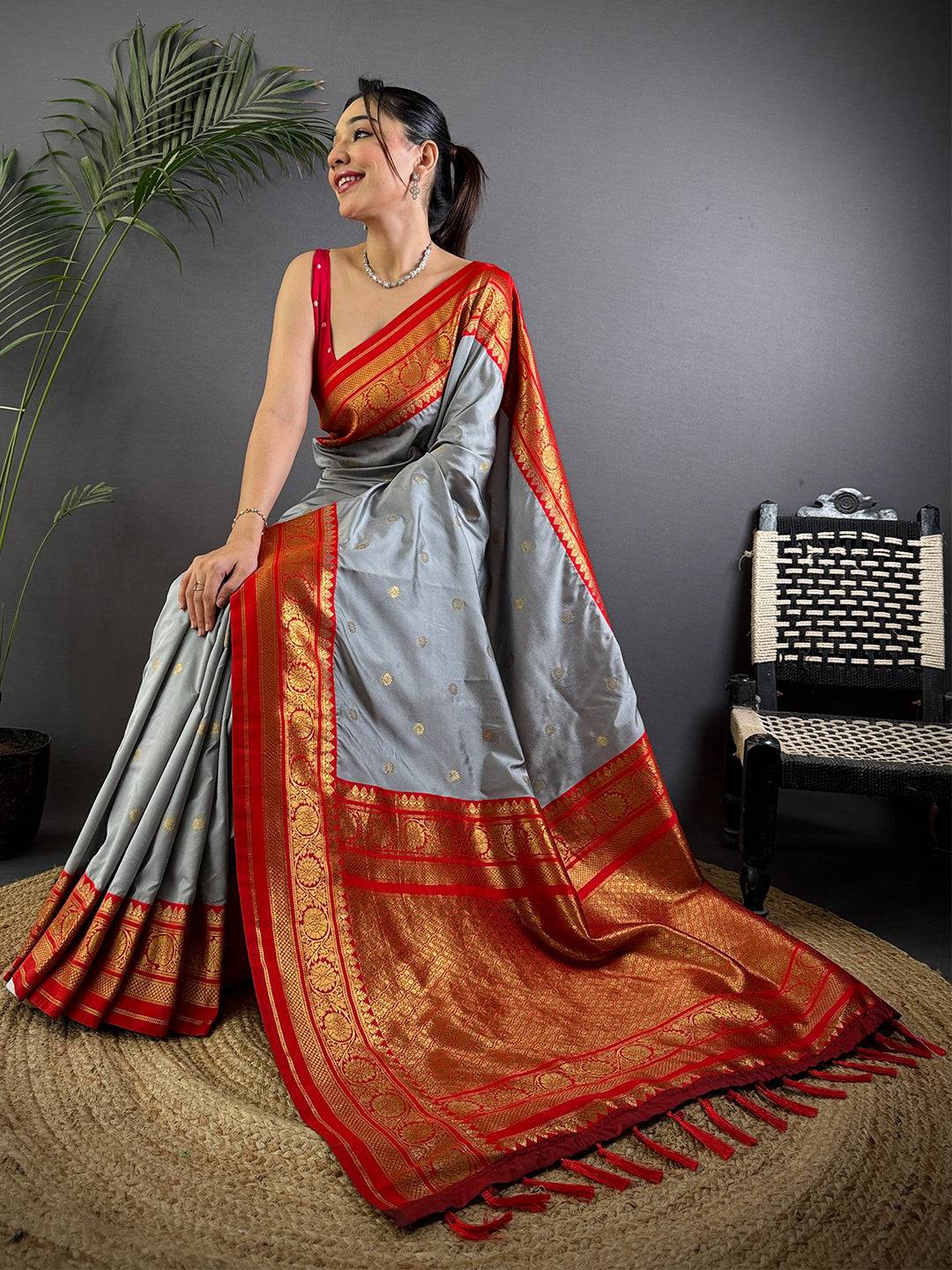 Regal Grey Gold Zari Butta Pattu Saree