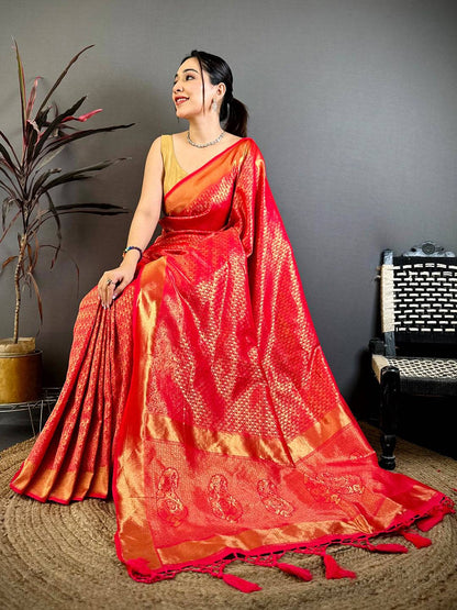 Radiant Rani Red Kanjivaram Zari Silk Pattu Saree