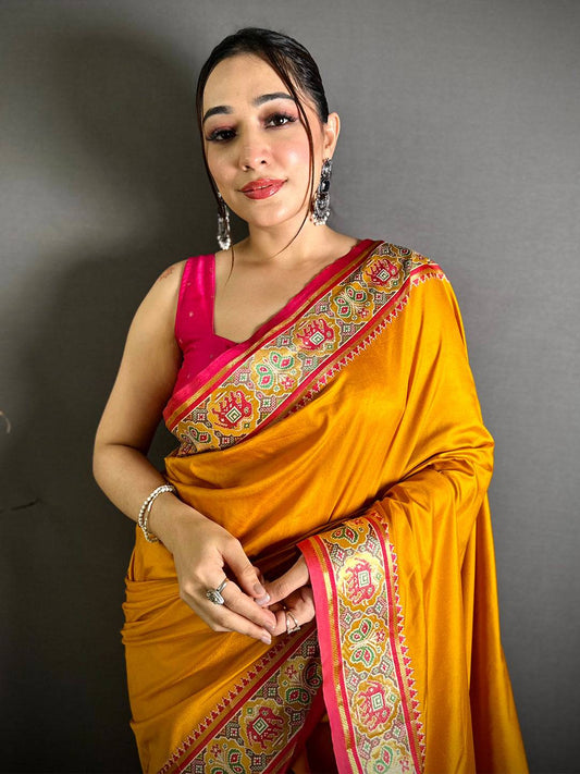 Yellow Soft Silk Pochampally Ikkat Minakari Pattu Saree