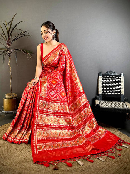 Stylish Red Soft Silk Patola Weaving Pattu Saree