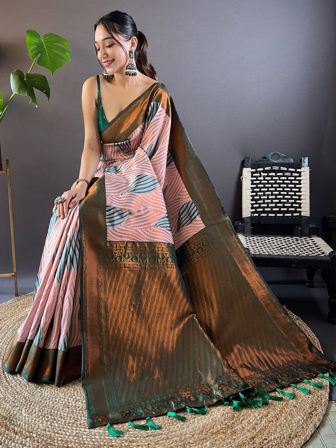 Muvel Tussar Silk Zari Weaving Ikkat Pattu Saree