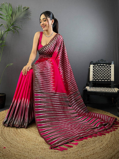 Pink Soft Silk Ikkat Zari Weaving Pattu Saree