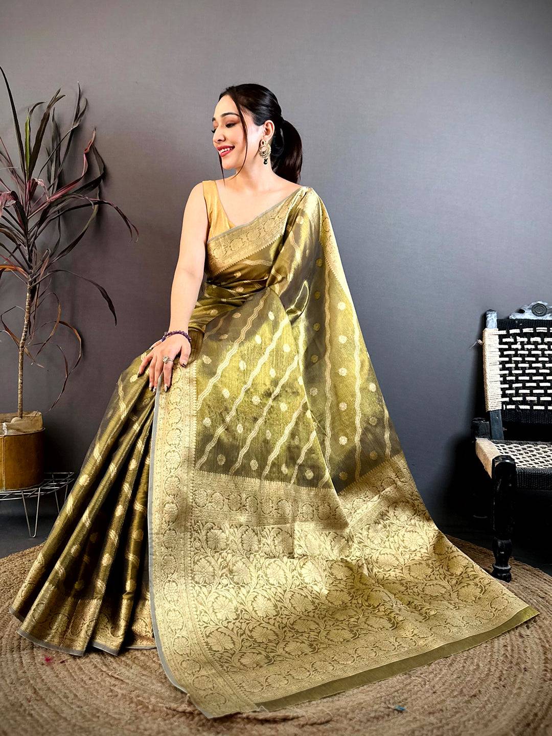 Olive Glass Crush Tissue Leheriya Pattu Saree