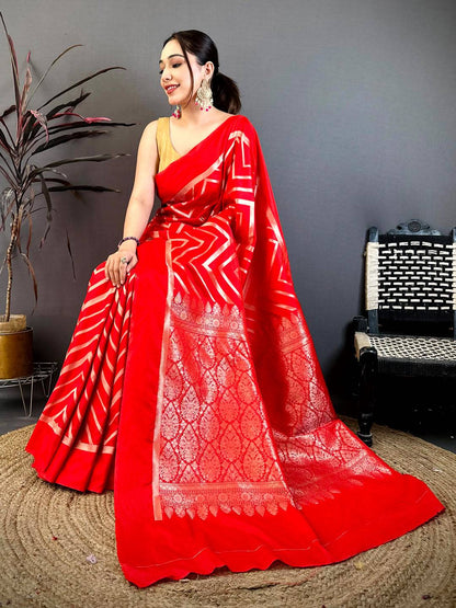 Red Geometric Zari Weave Banarasi Pattu Saree