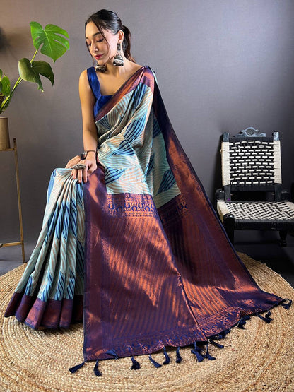 Sky Blue Tussar Silk Zari Weaving Ikkat Pattu Saree