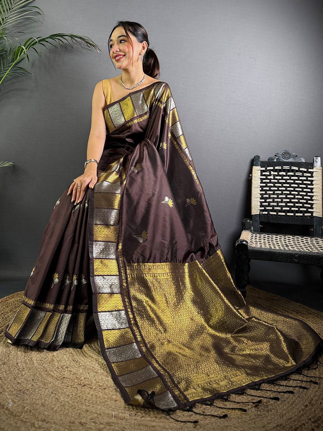 Brown Soft Silk Sona Chandi Butta Pattu Saree