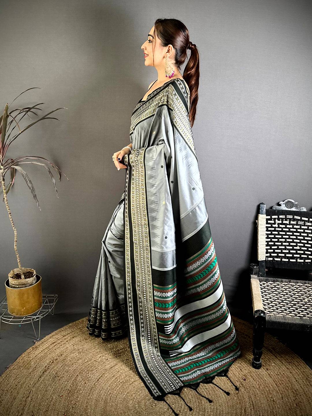 Grey Soft Silk Bomkai Zari Rich Pallu Pattu Saree