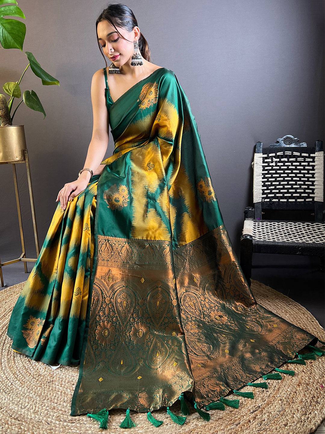 Mustard Tussar Silk Ikkat Weaving Pattu Saree