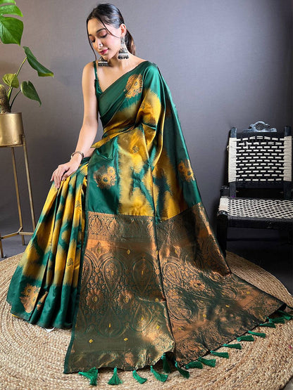 Mustard Tussar Silk Ikkat Weaving Pattu Saree