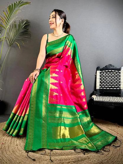 Pink Rudraksha Temple Weave Pattu Saree