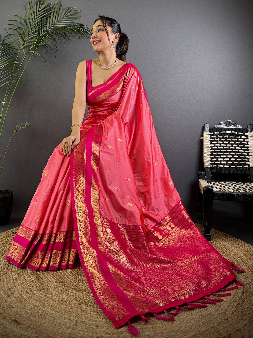Rose Pink Satin Bentex Soft Silk Pattu Saree