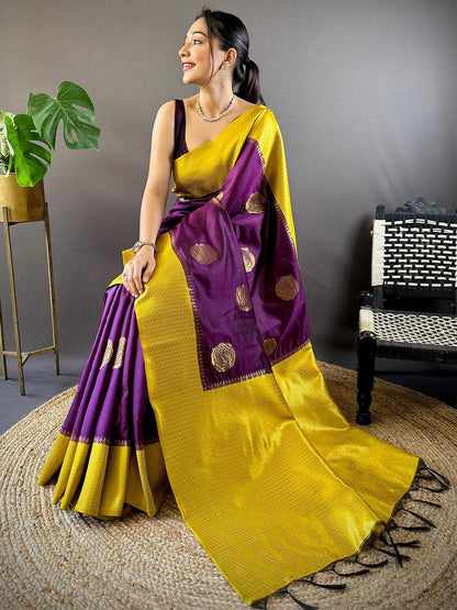 Wine Elegance With Golden Motifs Pattu Saree