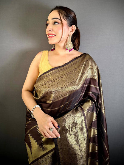 Wooden Brown Soft Silk Temple Border Pattu Saree