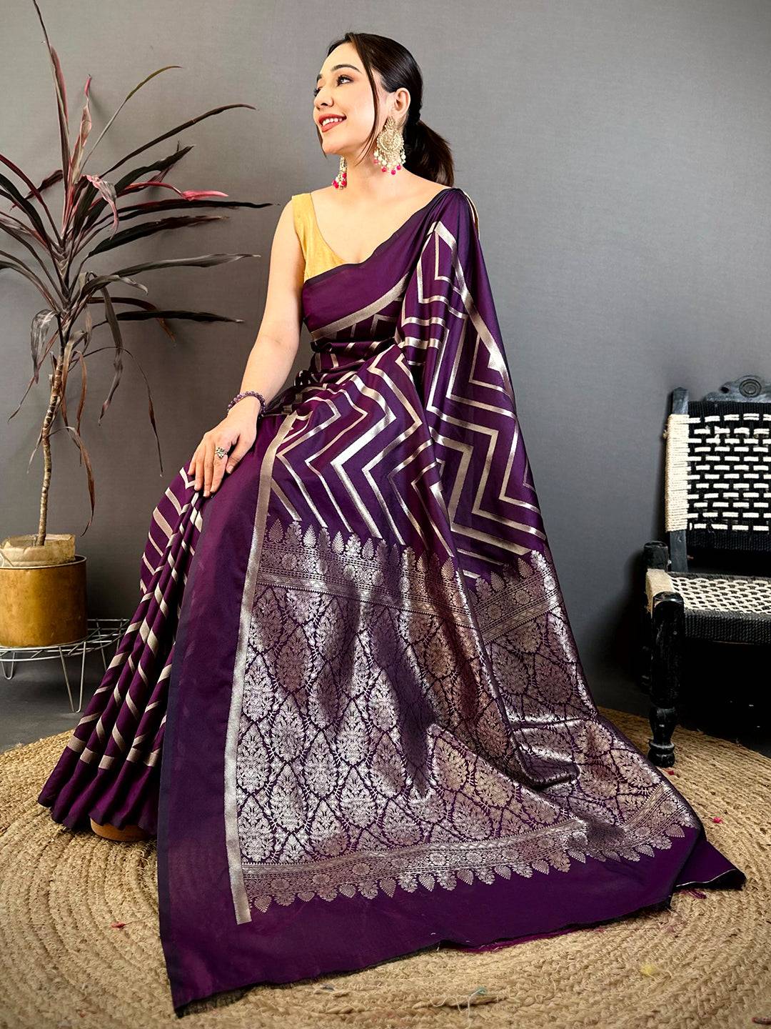Dark Purple Geometric Zari Weave Banarasi Pattu Saree