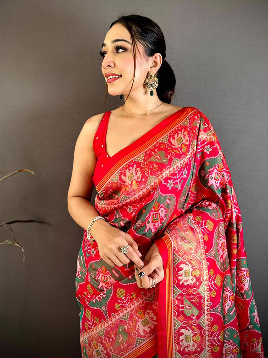 Red Patola Weave Soft Semi Silk Pattu Saree