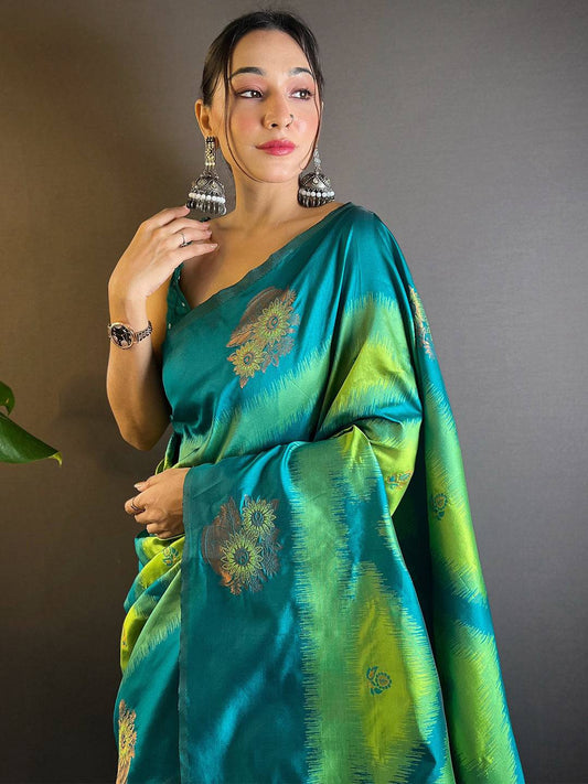 Parrot Green Tussar Silk Ikkat Weaving Pattu Saree