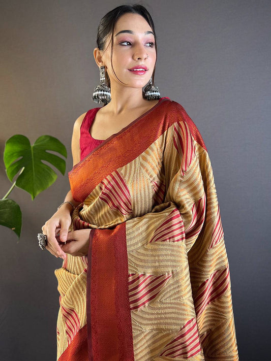 Tan Brown Tussar Silk Zari Weaving Ikkat Pattu Saree