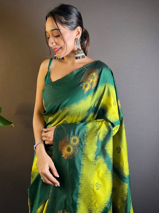 Green Tussar Silk Ikkat Weaving Pattu Saree