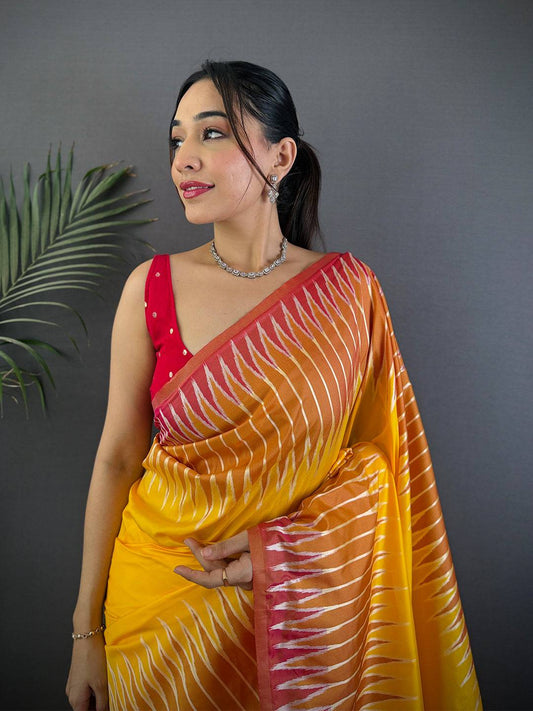 Yellow Soft Silk Ikkat Zari Weaving  Pattu Saree