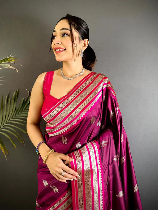 Wine Soft Silk Satin Minakari Border Pattu Saree