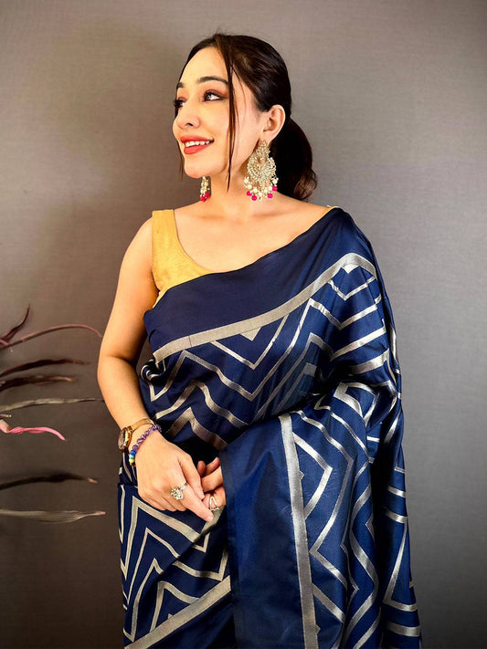 Navy Geometric Zari Weave Banarasi Pattu Saree