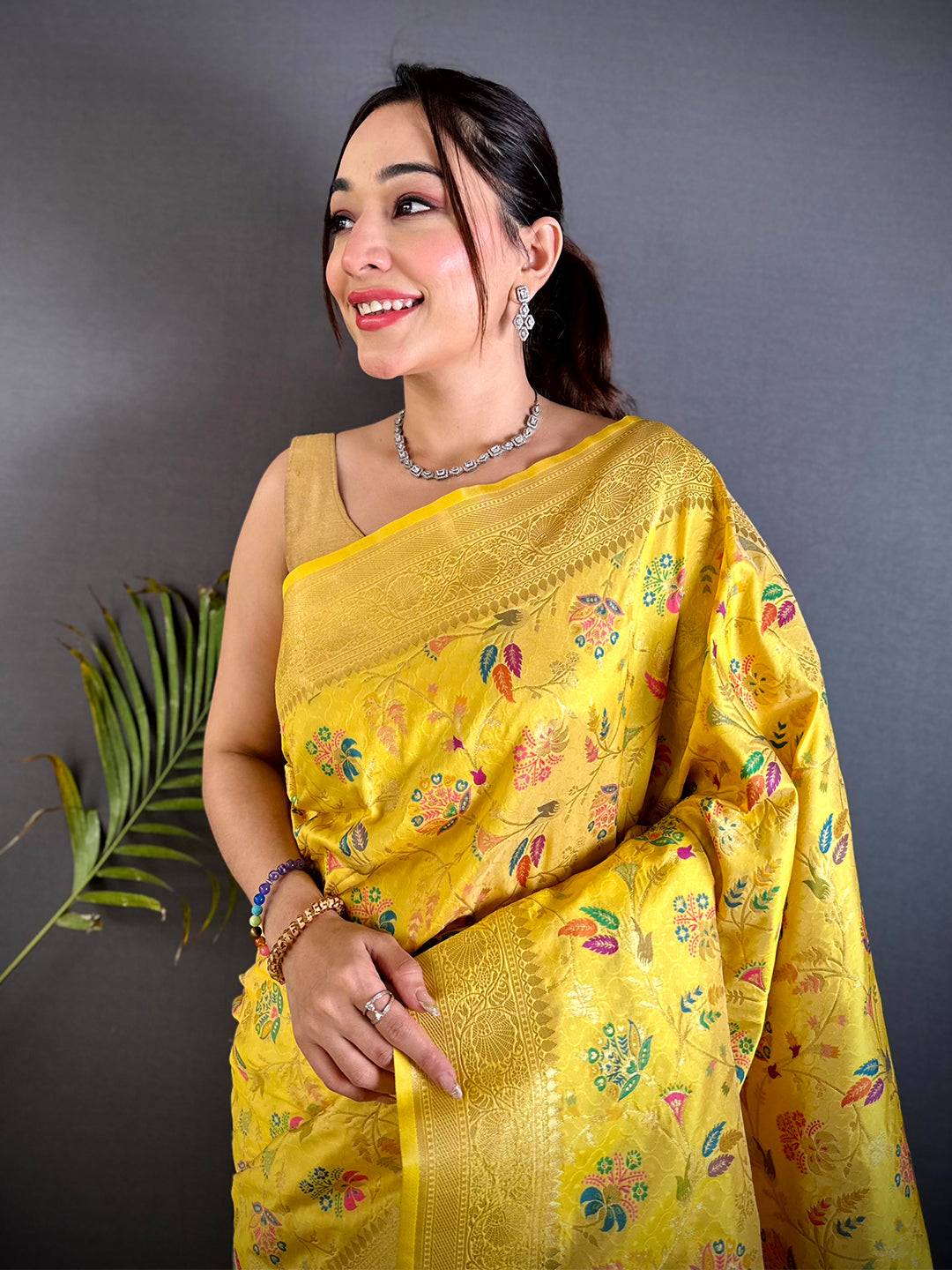 Yellow Banarasi Minakari Floral Silk Pattu Saree

