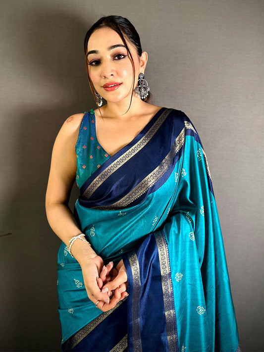 Teal Soft Dola Block Print Pallu Pattu Saree