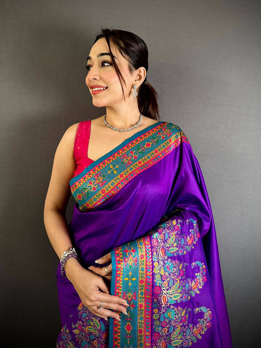 Purple Kashmiri Pashmina Semi Silk Pattu Saree