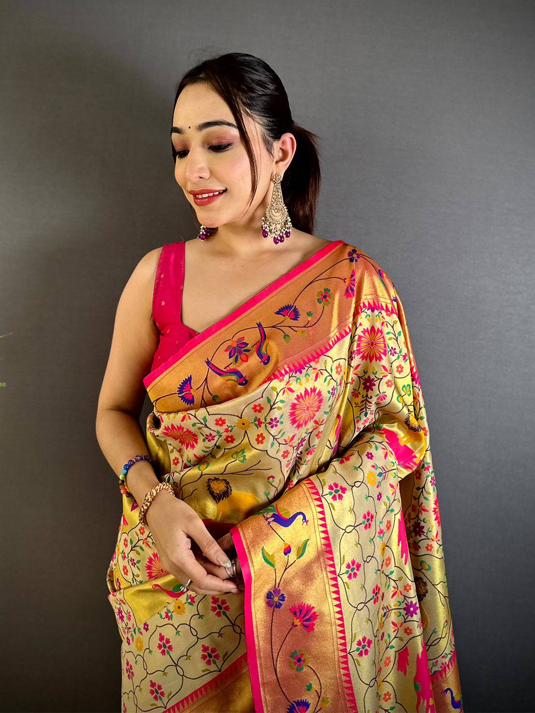 Royal Cream Patola Paithani Pattu Saree