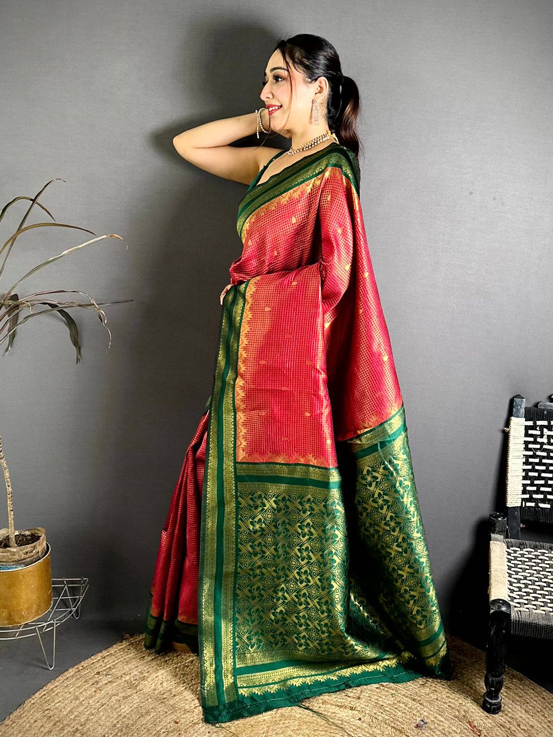 Red Banarasi Katan Silk Gadwal Zari Pattu Saree