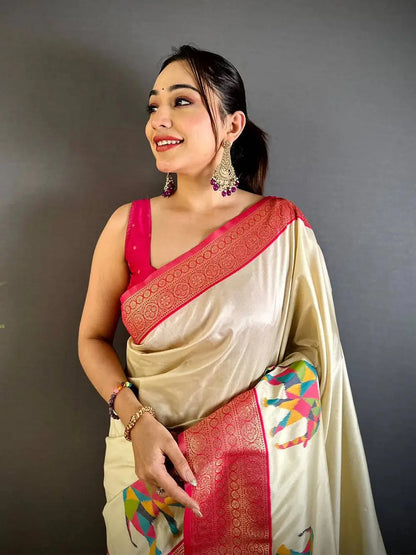 Elephant Ikkat Banarasi Soft Silk Pattu Saree