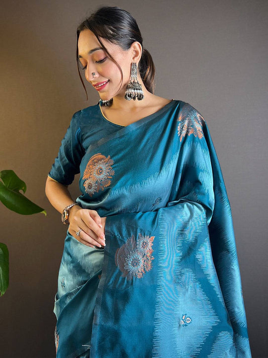 Blue Tussar Silk Ikkat Weaving Pattu Saree