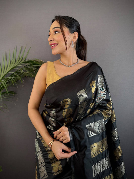 Black Soft Silk Sona Chandi Zari Weaving Pattu Saree