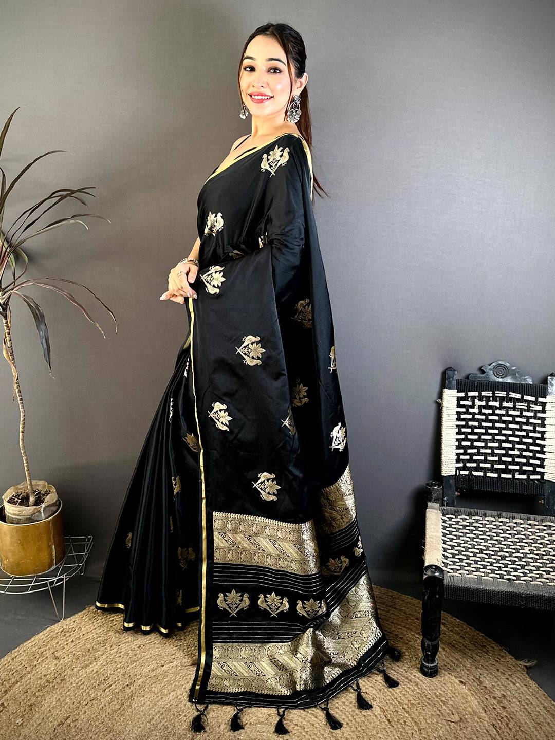 Black Bird Weaving Mashru Satin Pattu Saree