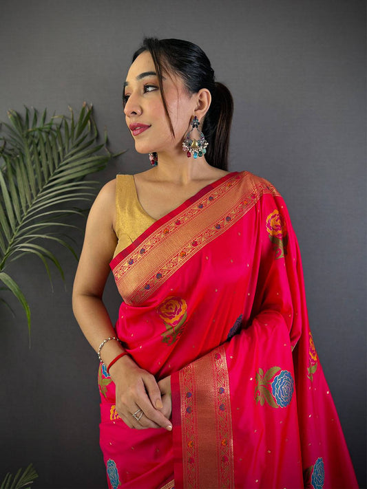 Pink Soft Silk Flowerport Minakari Pattu Saree