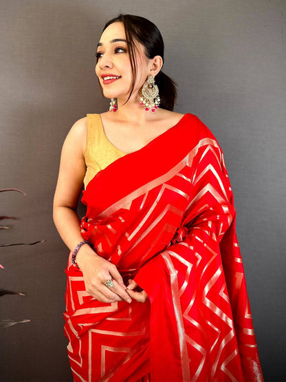Red Geometric Zari Weave Banarasi Pattu Saree