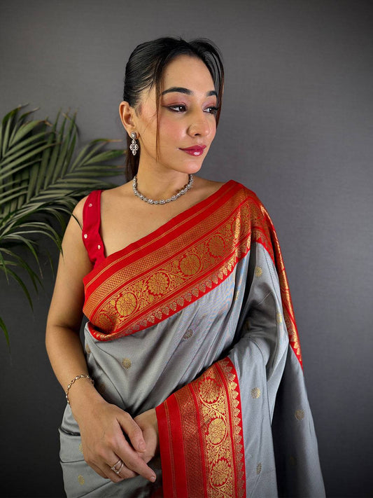 Regal Grey Gold Zari Butta Pattu Saree