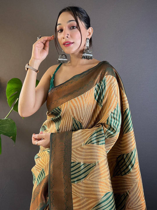 Brown Tussar Silk Zari Weaving Ikkat Pattu Saree